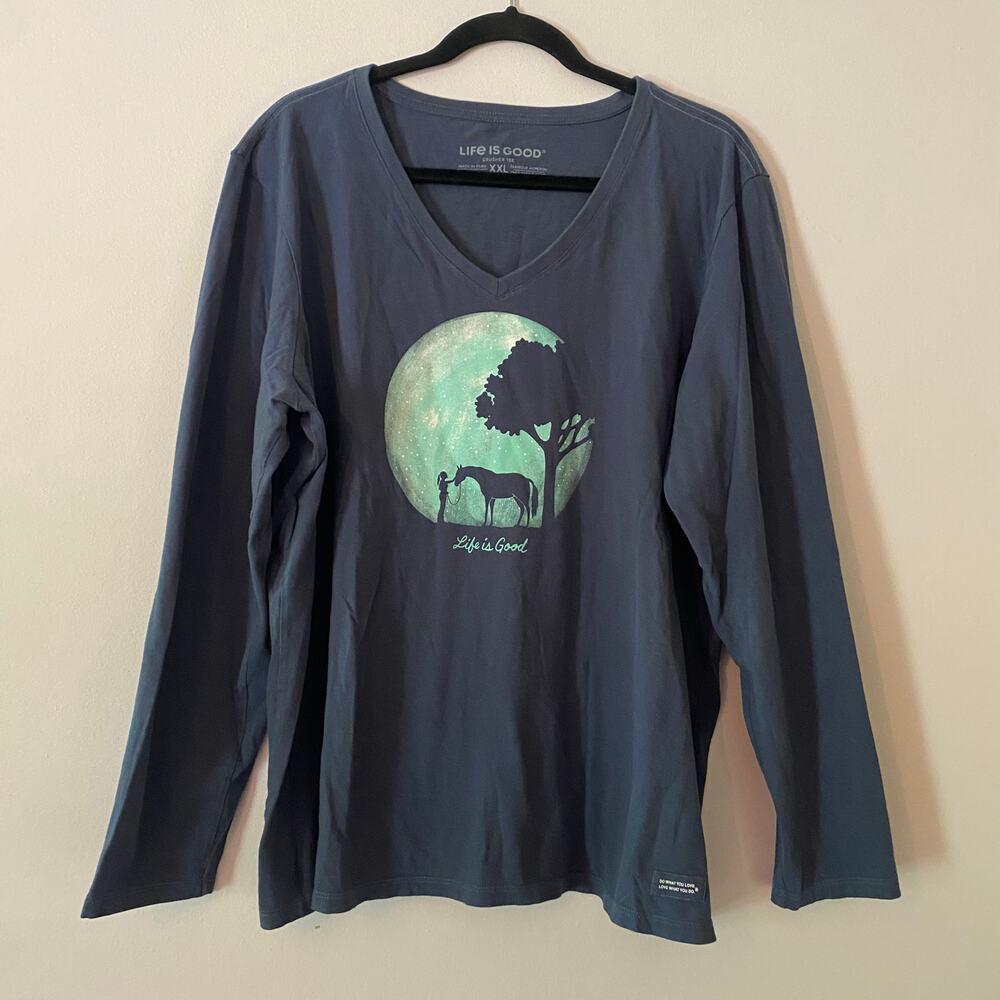 Life Is Good Navy Blue Horse Girl V-neck Long Sleeve Cotton Crusher Tee size XXL